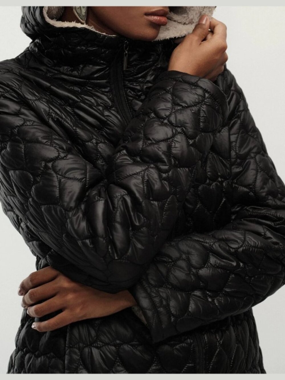 Black Quilted Sherpa Lined Hooded Zip Up Lightweight Puffer Jacket